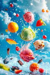 Obraz na płótnie Canvas ice cream balls with berries and fruit splash. selective focus.