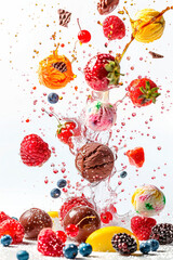ice cream balls with berries and fruit splash. selective focus.
