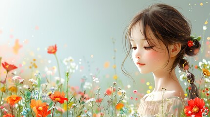 Little girl in a meadow with flowers.