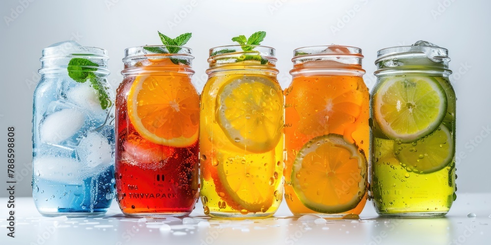 Poster a variety of drinks stored in jars, suitable for beverage concepts