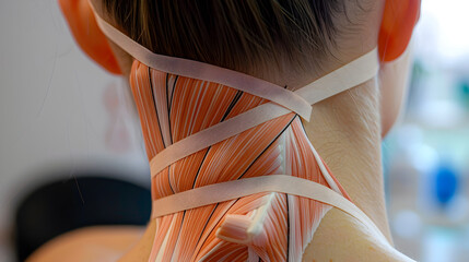Detailed Step-by-Step Illustration of Correct Kinesiology (KT) Tape Application on Human Neck - obrazy, fototapety, plakaty