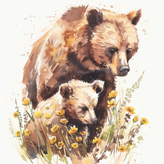 Photo Mama bear with its cub, Watercolor illustration, tender moment, blooming flowers, copy space