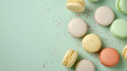 A bunch of macarons on a table with confetti sprinkles. Perfect for bakery or celebration concepts - Powered by Adobe