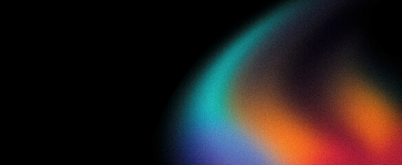 Grainy gradient background, orange blue magenta pink abstract glowing color flow wave black dark backdrop noise texture banner design