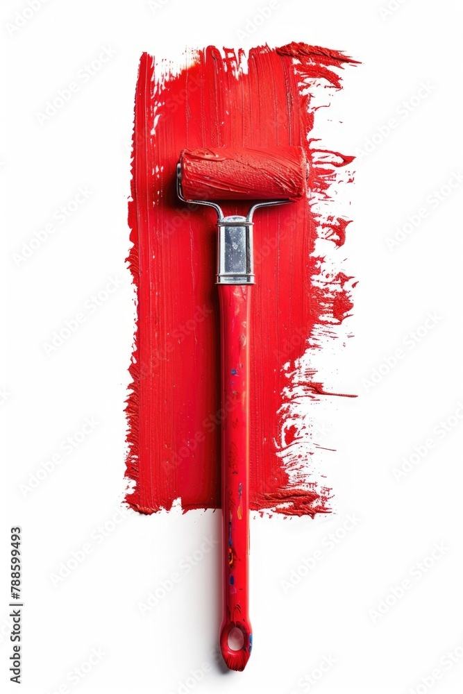 Poster a red paint roller with a red brush on it. ideal for construction and diy projects