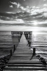 Serene Black and White Image of a Wooden Pier Overlooking the Vast Sea