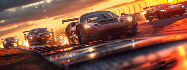 An intense moment of two sports cars racing side by side at dusk, their sparks and speed creating a breathtaking scene on the race track. - obrazy, fototapety, plakaty