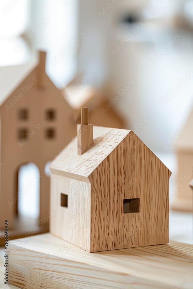 Poster a small wooden house placed on a table, suitable for various concepts and designs