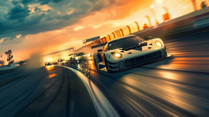 A powerful race car zooms through a racetrack at dusk, with the sky ablaze in vibrant sunset hues and sparks flying from the vehicle. - obrazy, fototapety, plakaty