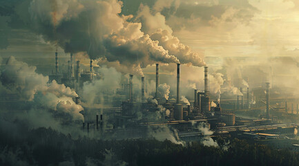 Industrial landscape with heavy pollution generated by a large factory