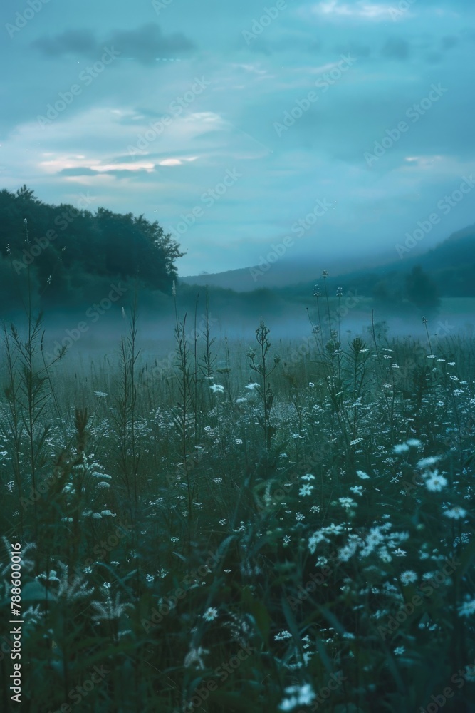 Poster a field of wildflowers in the middle of a foggy field. suitable for nature and landscape themes