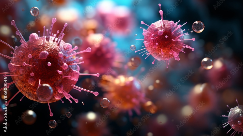 Poster virus particles in sharp focus against backdrop