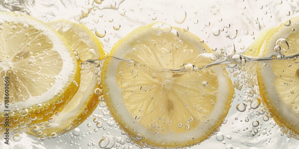Poster fresh lemon slices in clear water, ideal for refreshing summer concepts