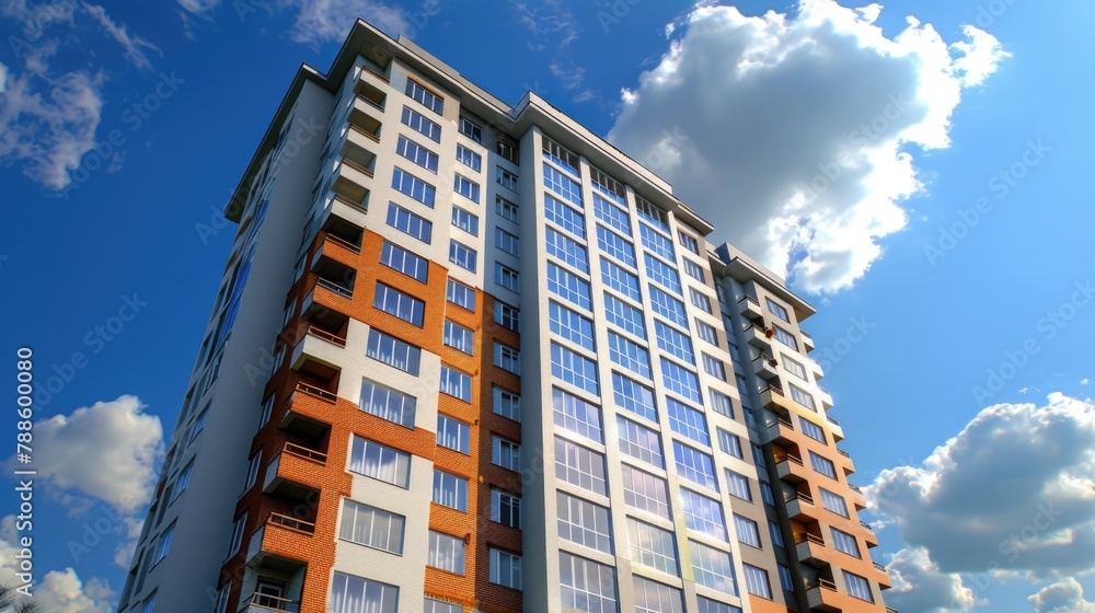 Poster a tall building with numerous windows and balconies, suitable for architectural and real estate conc