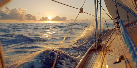 A sailing boat in a storm sails through the waves of the sea towards the sun.