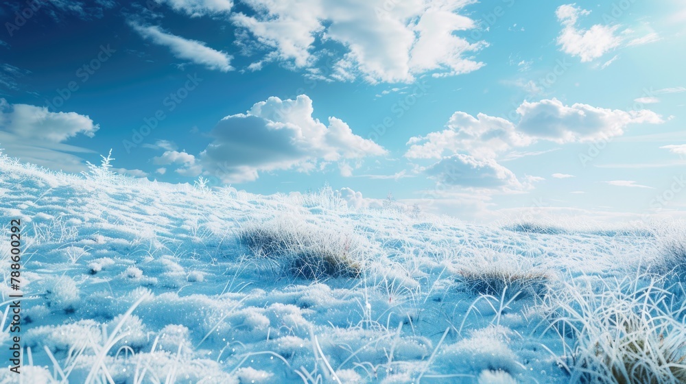 Poster a serene image of a field with green grass under a blue sky with fluffy white clouds. suitable for n
