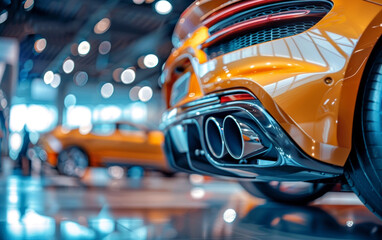 The stylish, dual chrome tailpipes of a luxury sports car, standing out against the vivid lighting of the display area.