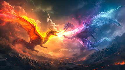 3d illustration Dragon War, epic battle between fire dragon and lightning dragon. concept art, 3D rendering - obrazy, fototapety, plakaty