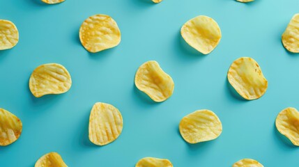 Crispy potato chips on a vibrant blue background, perfect for food and snack concepts - obrazy, fototapety, plakaty