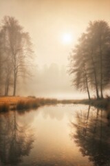 Large Body of Water Surrounded by Trees, Light Orange Haze