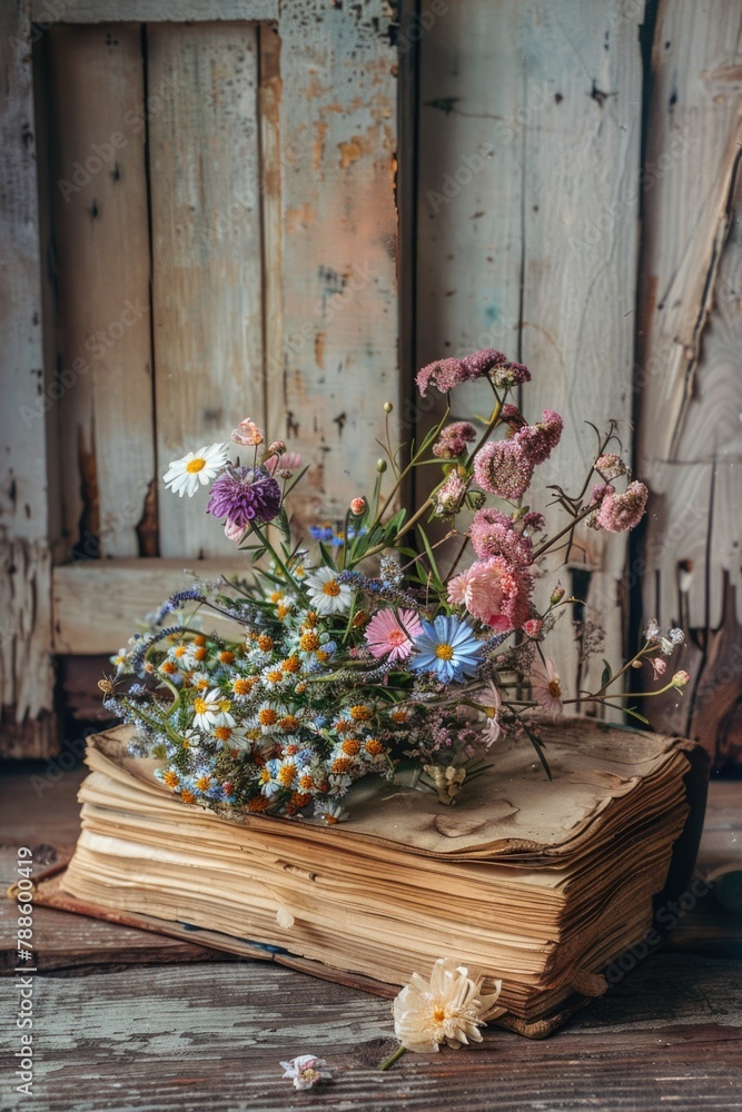 Aufkleber a bunch of flowers resting on top of a book. suitable for various occasions and events
