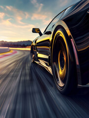 A powerful supercar carves through a scenic mountain road, its golden wheels and sculpted body glowing in the soft sunset light.