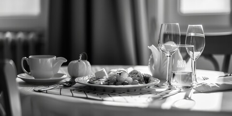 Fototapeta premium Elegant table setting with food and wine glasses, perfect for restaurant menus or dinner party invitations