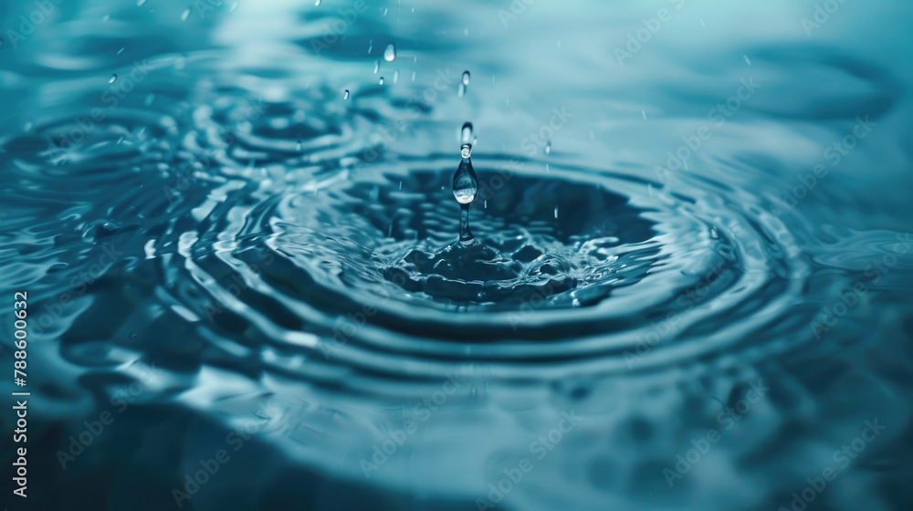 Poster detailed close-up of a single water drop in a pool, perfect for illustrating purity and freshness