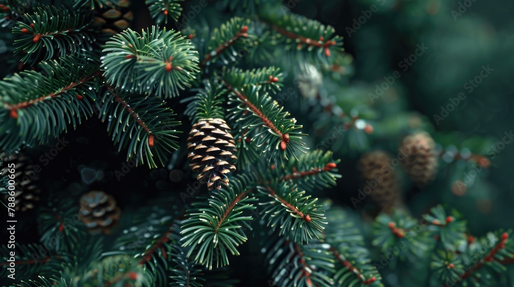 Poster close up of a pine tree with cones, suitable for nature backgrounds