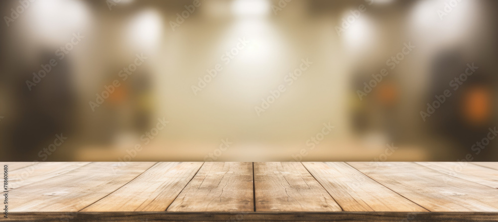 Poster the empty wooden table top with blur background of an office and city. exuberant image. generative a