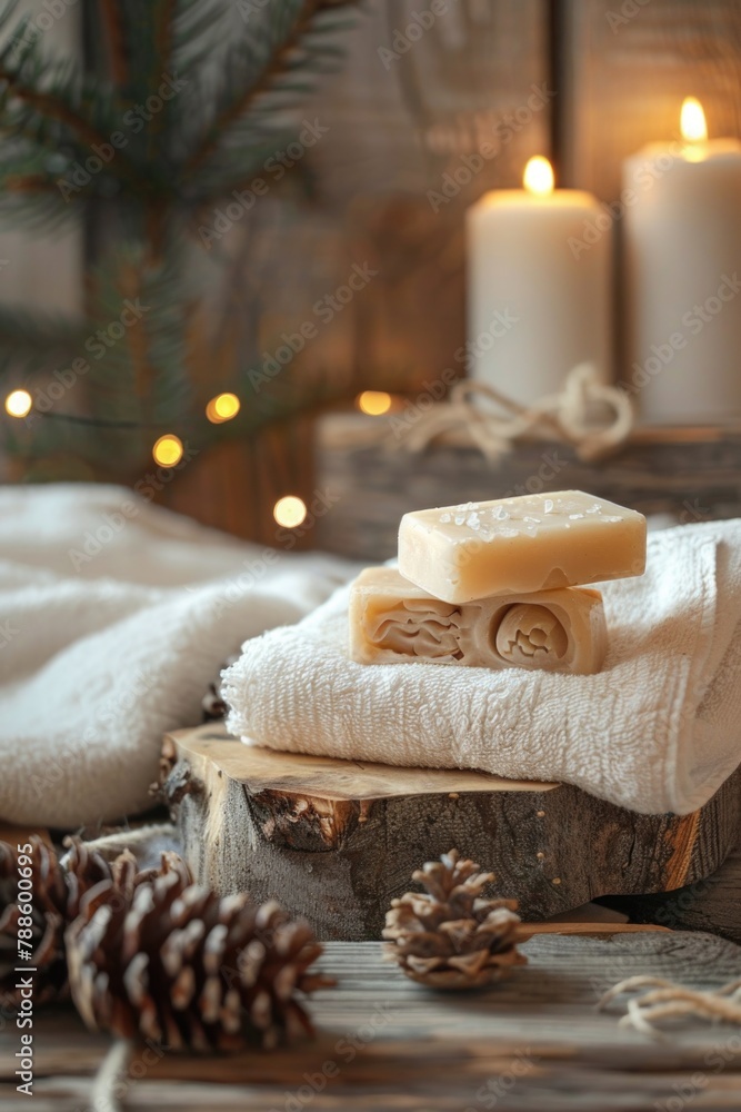 Poster neatly stacked towels on a rustic wooden table. ideal for home decor or spa concept