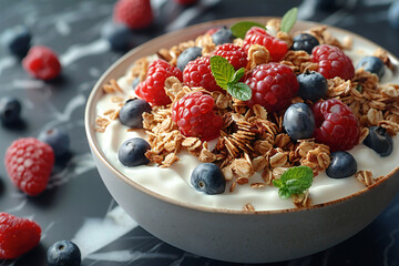 Healthy breakfast fresh granola muesli with yogurt in bowl on black marble table