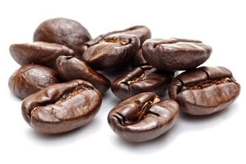 Obraz premium A pile of coffee beans on a white surface. Suitable for coffee shops