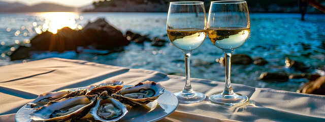 wine and oysters against the backdrop of the sea. selective focus. - obrazy, fototapety, plakaty