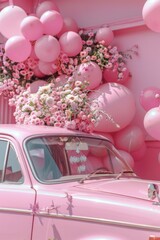 A pink car parked in front of a wall of balloons. Perfect for birthday party or celebration themes