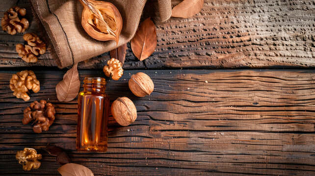 walnut essential oil in a bottle. selective focus.