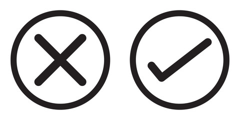 Right or wrong signs, icons silhouette. Cross & check mark icons design, Yes and No symbol, buttons. Tick and cross. Check mark and cross right sign, icon. Wrong and correct approved mark symbol. - obrazy, fototapety, plakaty