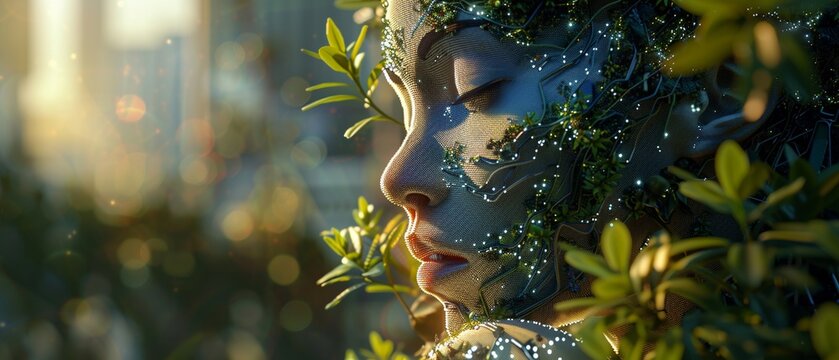 Produce a captivating digital artwork showcasing a side view of a visionary AI dreaming of a world where green practices and ESG criteria are at the forefront of industrial development Employ a pixel