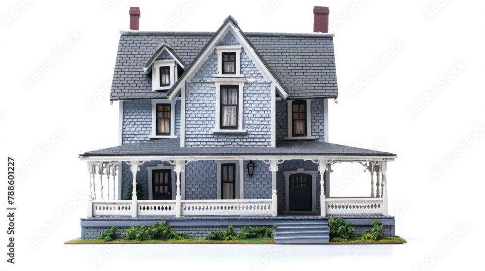 Poster a model of a blue house with a porch. ideal for architectural design projects