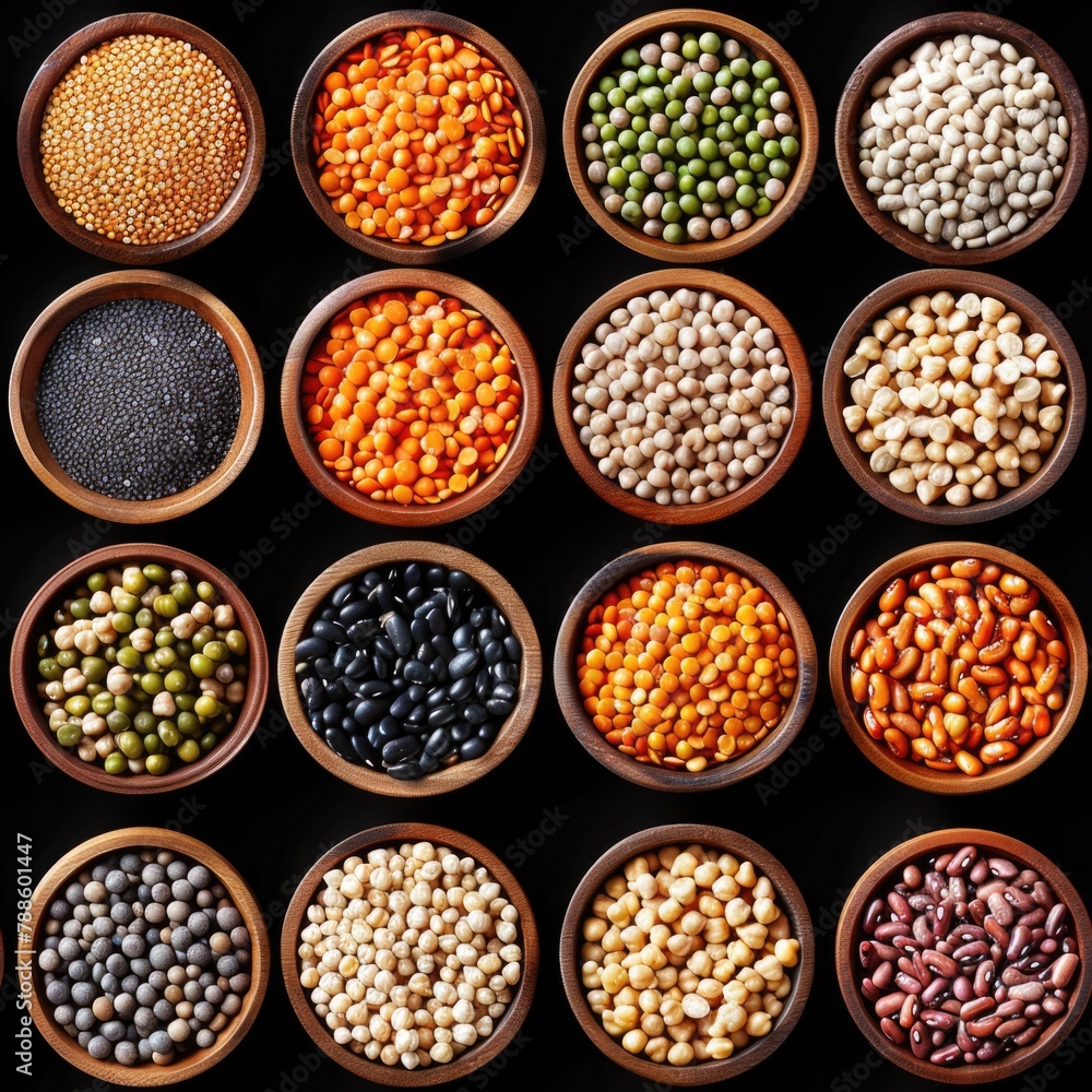Poster various types of beans displayed in rustic wooden bowls. ideal for food and cooking concepts