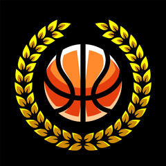 Basketball ball and laurel wreath. Sport games. Sporting equipment. Emblem, badge.