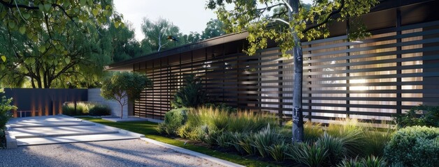 a newly installed slat aluminum fence encircling a stylish house, illuminated by the soft morning sunlight, captured in a high-quality wide shot that accentuates its contemporary allure. - obrazy, fototapety, plakaty