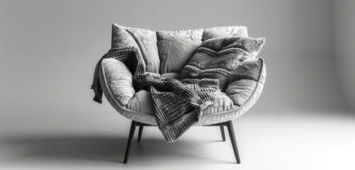 A simple black and white photo of a chair with a cozy blanket draped over it. Suitable for home decor or interior design concepts
