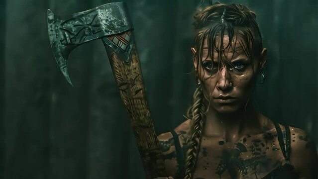 Formidable Viking girl with axe, harsh look, gray background, gloomy atmosphere, determination, warrior spirit, historical warrior, fierce warrior.