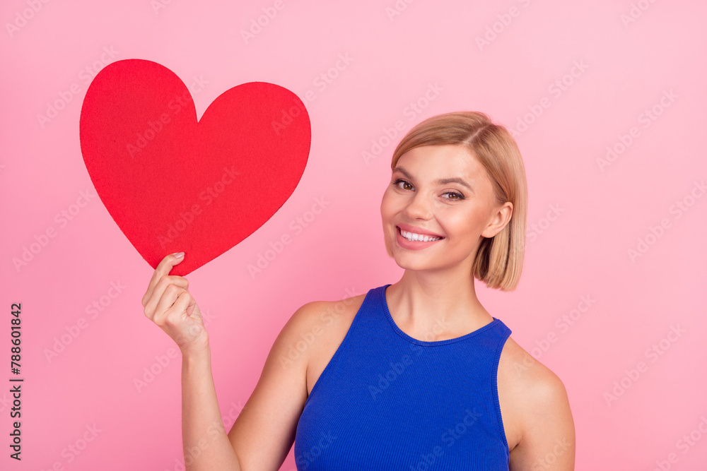 Sticker Photo of pretty young woman hold paper heart wear blue top isolated on pink color background