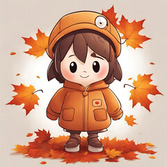 Cute Cartoon Baby Smiling with Autumn Maple Leaf Theme - Isolated Background - Generated by AI