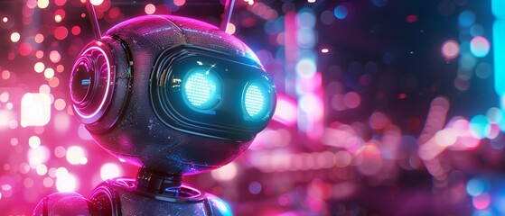 Imagine a robot with a whimsical twist, brought to life in vibrant pixel art Show intricate details and metallic sheen, set against a futuristic background with dynamic lighting effects - obrazy, fototapety, plakaty