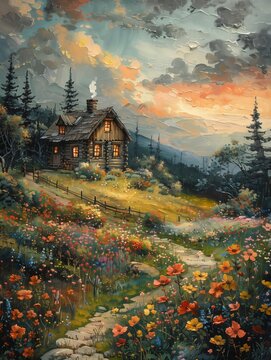 Dreamland, oil painting of a farm landscape