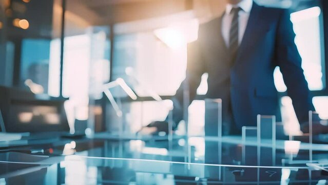 Business leader explaining strategy, double exposure with profit growth arrows, promoting team understanding and alignment to achieve corporate goals in an office environment.