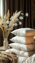Stack of Pillows on Bed Next to Vase With Flowers